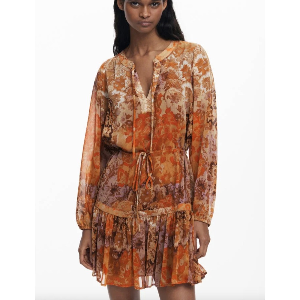 Desigual Boho Paisley Long Sleeve Mini Dress in Orange sz M